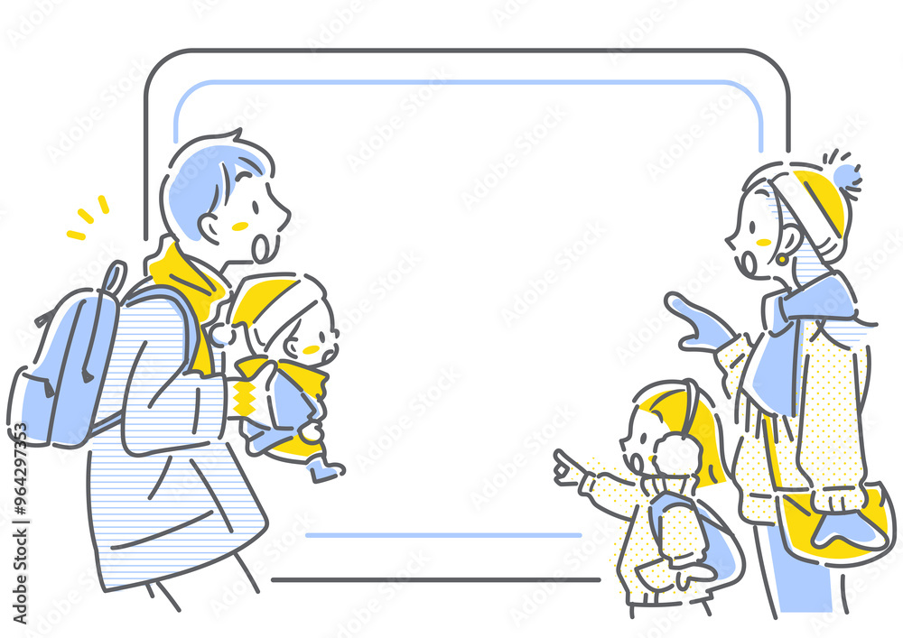 お得な情報に驚く旅行中の四人家族 シンプルでお洒落な線画イラスト お得な情報に驚く旅行中の四人家族 シンプルでお洒落な線画イラスト