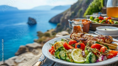 Greek summertime cuisine concept including souvlaki skewers and farmers salad in front of the glistening blue Aegean Sea
 photo