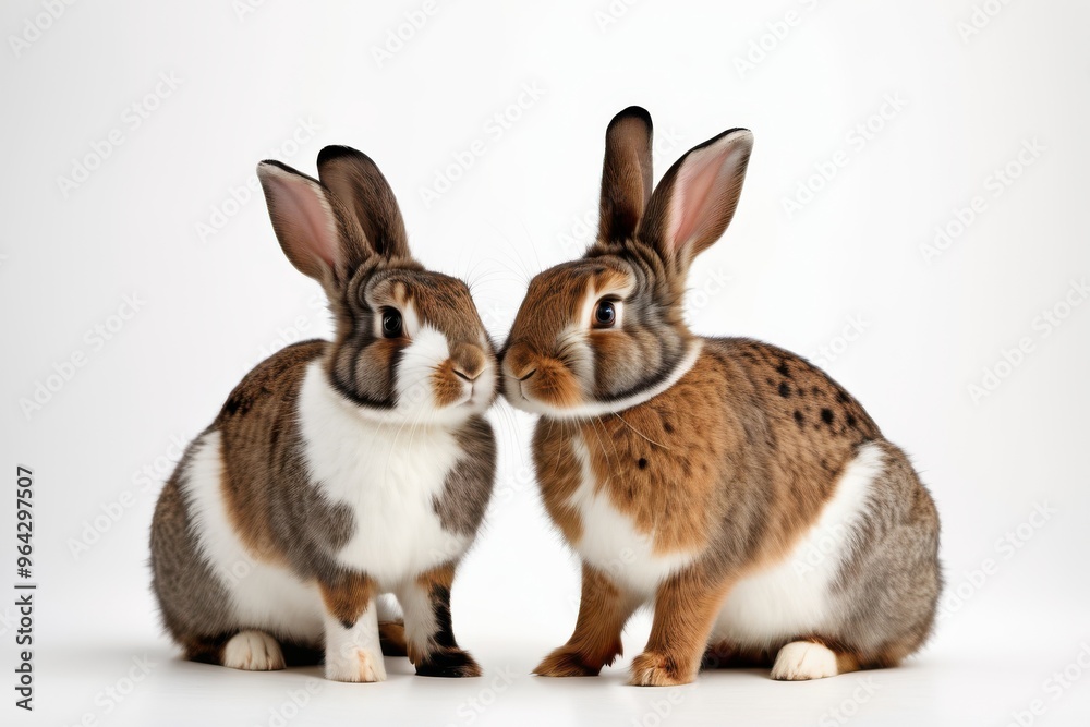 Two rabbits are sitting next to each other on a white background. Two rabbits are sitting next to each other on a white background.