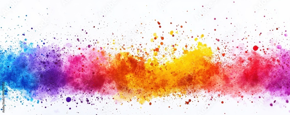 Fototapeta premium Vibrant abstract paint splatter with a blend of bright colors like blue, pink, orange, and yellow on a white background.