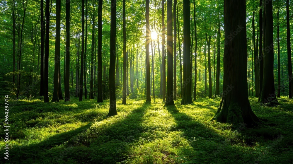 Obraz premium Serene forest scene with sunlight filtering through trees, illuminating lush green foliage and creating a peaceful, natural atmosphere.