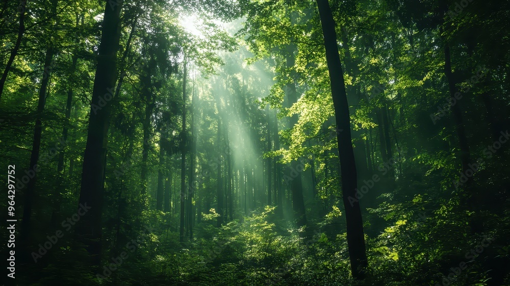 Obraz premium Sunlight filters through the lush green canopy of a dense forest, creating a serene and captivating natural scene.