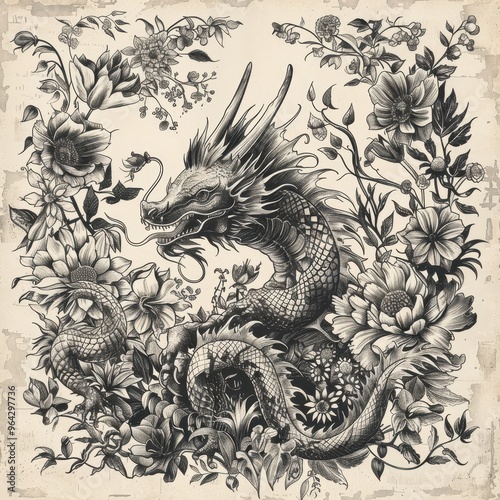 Wallpaper Mural Intricate illustration of a dragon entwined with blooming flowers, blending mythical power with delicate beauty. Torontodigital.ca