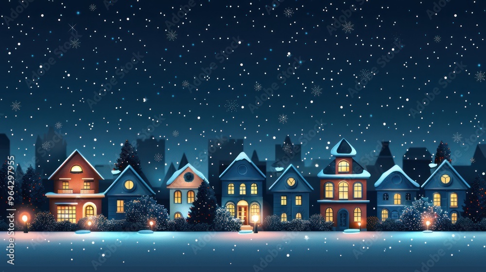 Fototapeta premium Fairytale homes with colorful designs lined up against a winter night sky during a snowfall.