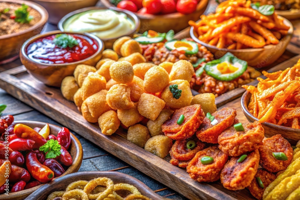 Vibrant Close-Up Of A Mouthwatering And Indulgent Street-Style Meal, Featuring A Delectable Array Of Salty And Crispy Snacks. Vibrant Close-Up Of A Mouthwatering And Indulgent Street-Style Meal, Featuring A Delectable Array Of Salty And Crispy Snacks.