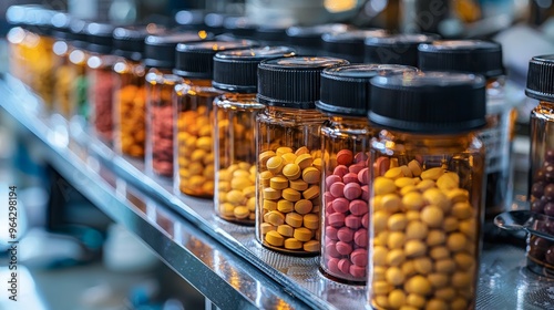 Rows of clear jars filled with colorful tablets and capsules in a modern pharmacy during daylight hours