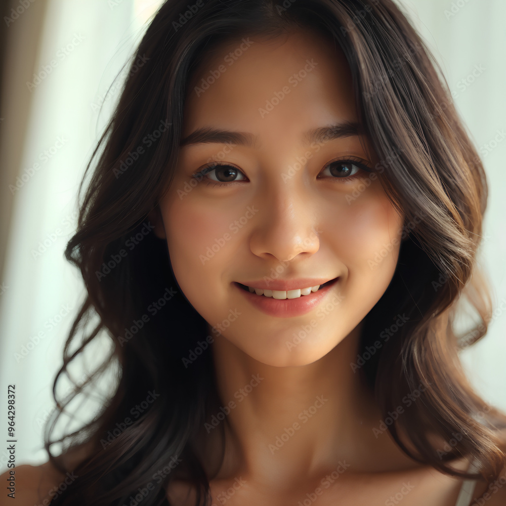 Close-up of a young Asian woman with wavy black hair, a natural smile, and glowing skin in soft light.