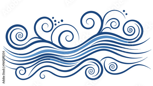 Stylized illustration of flowing waves with swirls in blue tones on a white background