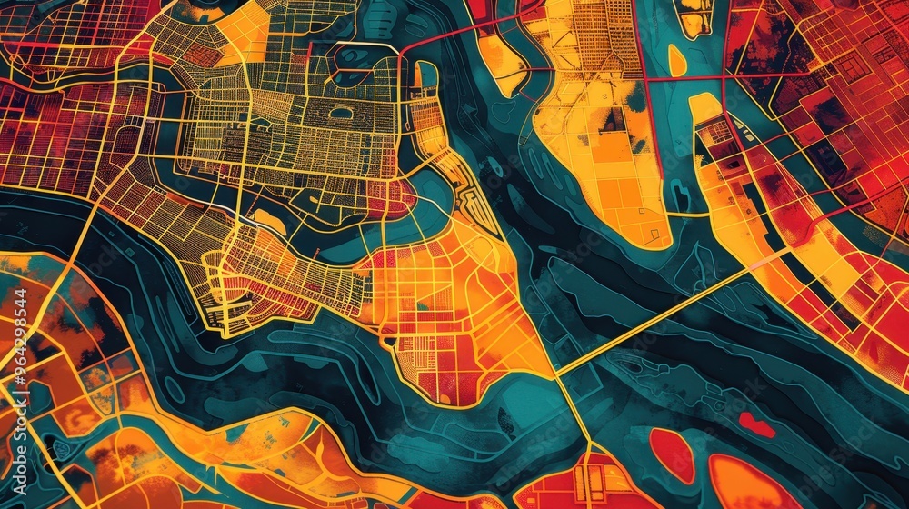 Obraz premium Vibrant abstract map design showcasing intricate river and city layouts in bold colors, ideal for urban and geographic themes.