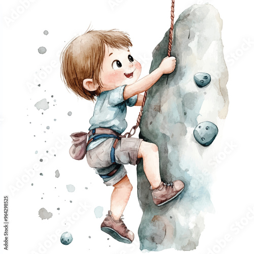 cute kid playing Rock climbing watercolor clipart