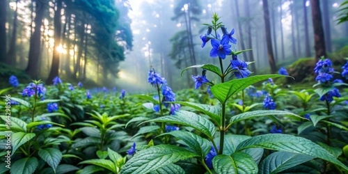 Vibrant blue flowers of Strobilanthes dyerianus bloom on a lush green stem amidst leafy foliage in a forest clearing, surrounded by tall trees and a misty atmosphere. photo