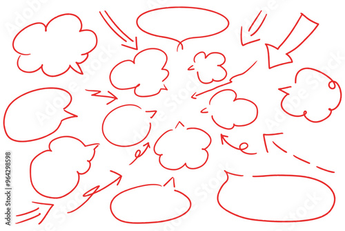 赤い手書き風の矢印とふきだしのセット