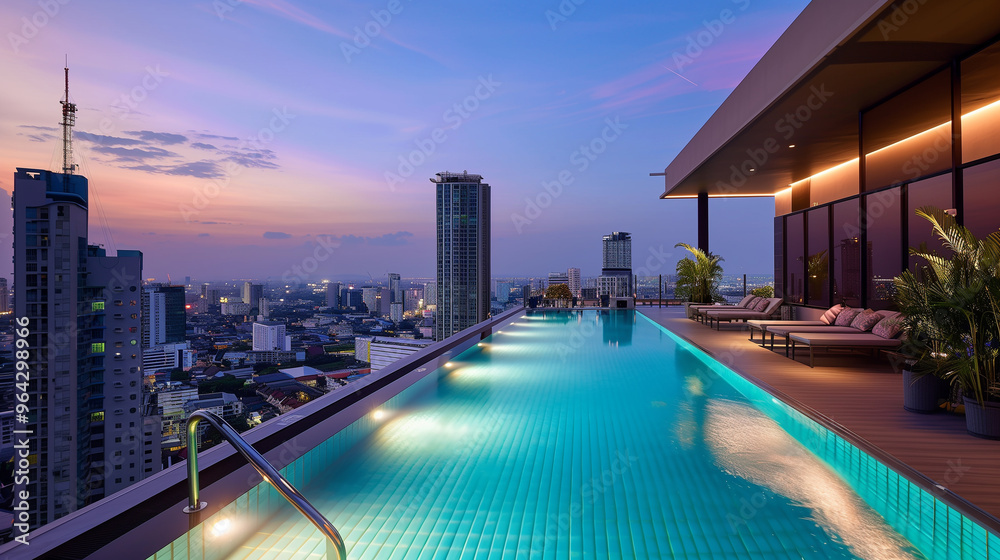 Obraz premium Fifty-meter rooftop pool on a high-rise building overlooking a modern city at dusk.