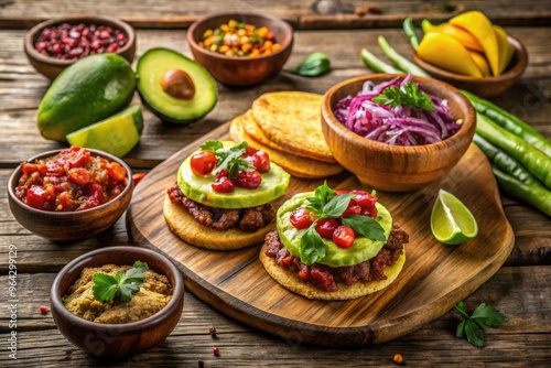 Vibrant colors and savory aromas abound in this authentic Venezuelan feast featuring crispy arepas, tender carne mechada, and fresh avocado slices on a rustic wooden table. photo