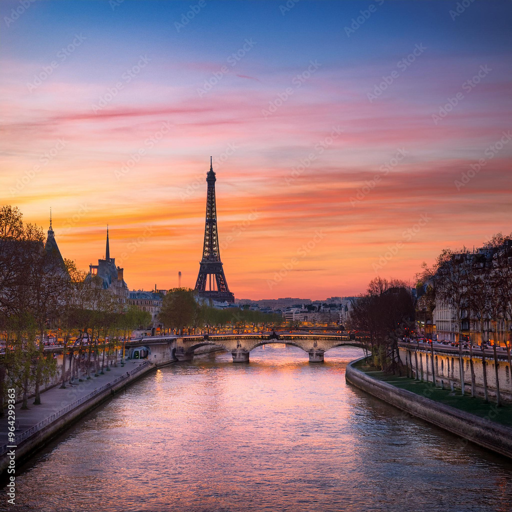Fototapeta premium Paris at Sunset: Eiffel Tower and Seine River with Vibrant Sky