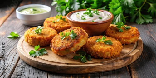 Vibrant, crispy fried fish cakes glisten on a rustic wooden plate, garnished with fresh parsley and served with a side of tangy tartar sauce.