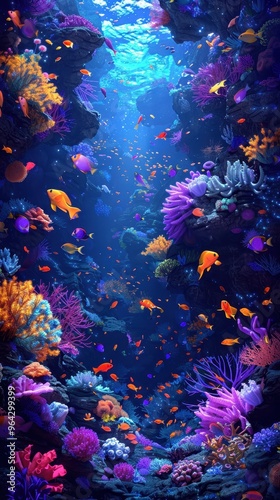 Vibrant underwater scene showcasing colorful corals and diverse fish species in a stunning marine habitat. photo