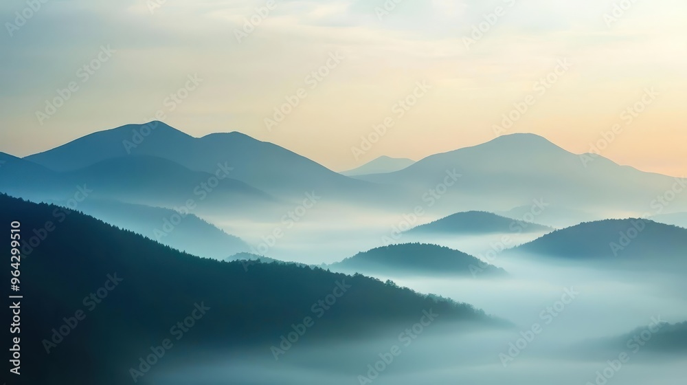 Fototapeta premium Peaceful mountain landscape at dawn with mist covering the rolling hills and a serene sky, creating a tranquil and calming scene.