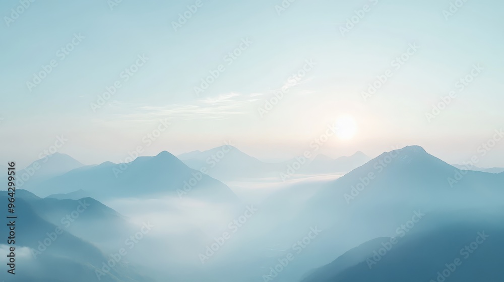 Obraz premium A serene sunrise over misty mountains, capturing the tranquility of nature with soft pastel colors and a peaceful atmosphere.
