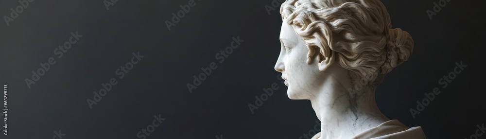 Side profile of a classical marble statue against a dark background, showcasing intricate details and timeless elegance. Side profile of a classical marble statue against a dark background, showcasing intricate details and timeless elegance.
