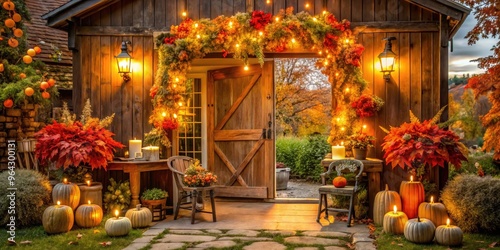 Vibrant fall leaves, twinkling lights, and autumnal flowers adorn a warmly lit doorway, welcoming guests to a cozy seasonal celebration amidst a rustic outdoor setting.