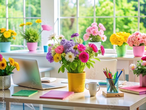 Vibrant Flowers In Pastel And Bright Hues Adorn A Workspace Filled With Modern Office Supplies, Creating A Cheerful And Inspiring Atmosphere For A Blossoming Business. photo