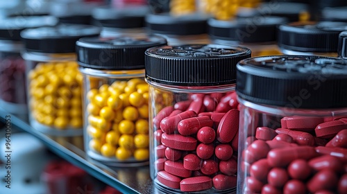 Collection of colorful pills in transparent containers arranged neatly on a shelf in a pharmacy setting