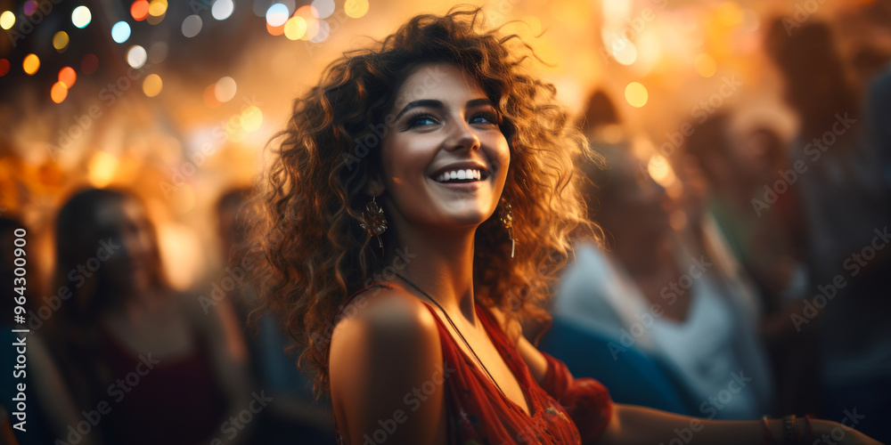Joyful Young Woman Enjoying Vibrant Dance at Sunset Music Festival, Capturing Festive Atmosphere and Happiness in Crowd Joyful Young Woman Enjoying Vibrant Dance at Sunset Music Festival, Capturing Festive Atmosphere and Happiness in Crowd