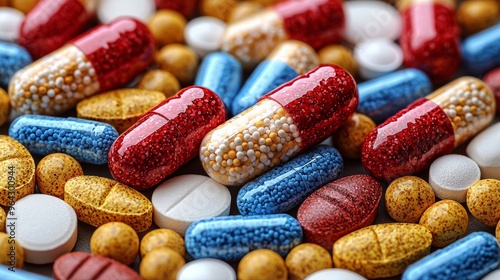 A close-up view of various colorful tablets and capsules scattered on a surface showcasing their shapes and textures