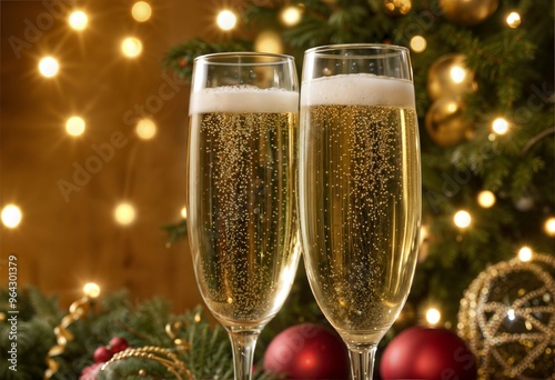 Sparkling champagne glasses with festive ambiance on Christmas tree background