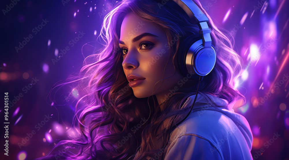 Young girl with headphones against purple background Young girl with headphones against purple background