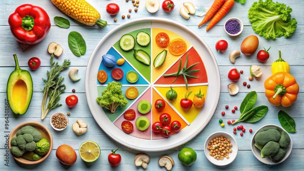 Vibrant illustration of aplate surrounded by colorful icons and graphs ...