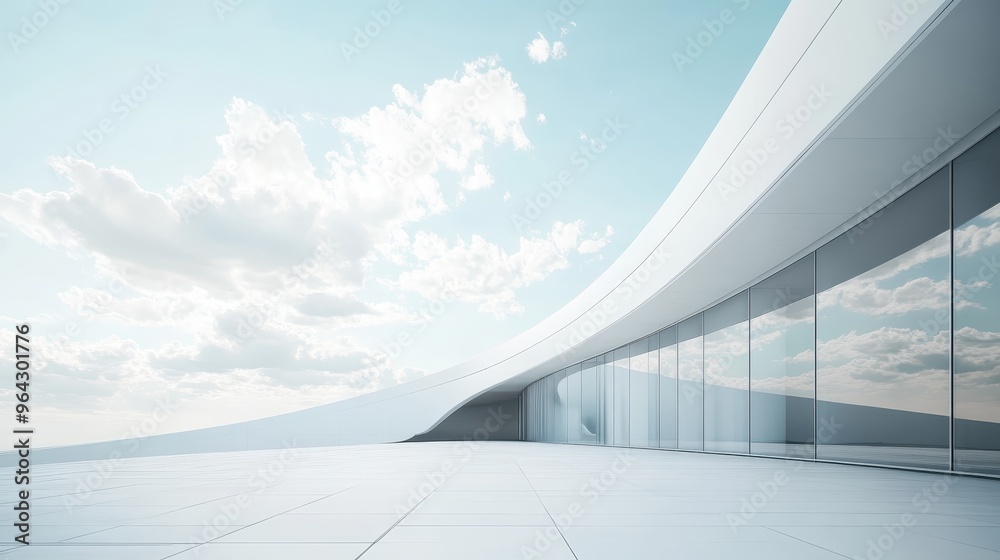 Modern architectural design with curved lines and glass facade reflecting blue sky and white clouds, serene ambiance. Modern architectural design with curved lines and glass facade reflecting blue sky and white clouds, serene ambiance.