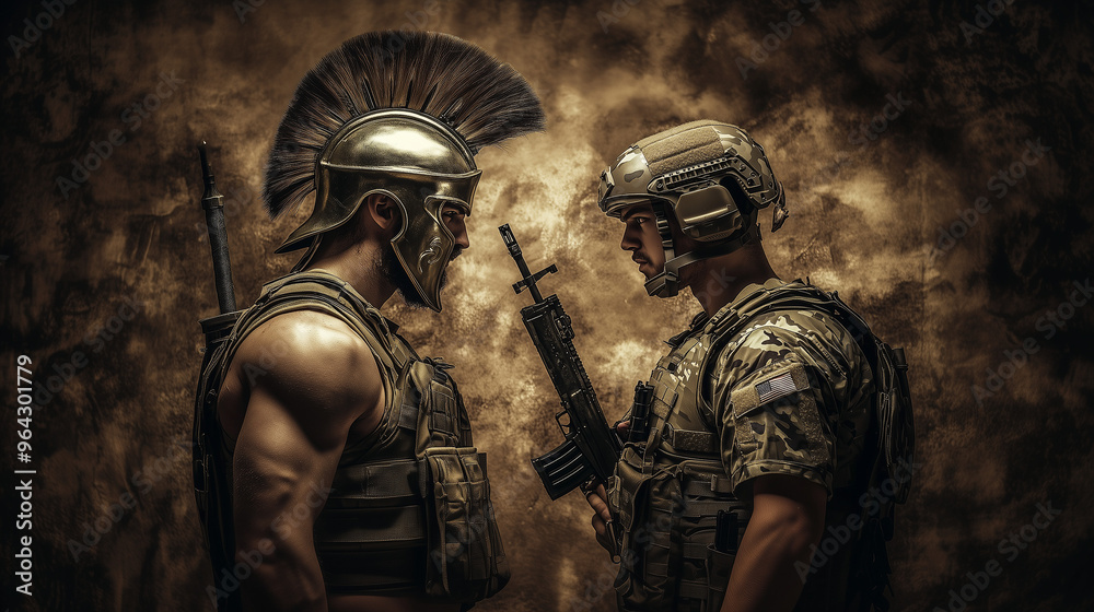 an AI generated photo of two warriors facing each other: ancient greek spartan warrior and modern us army soldier an AI generated photo of two warriors facing each other: ancient greek spartan warrior and modern us army soldier