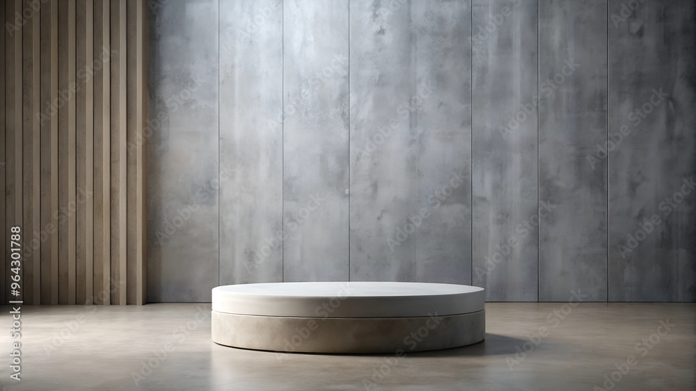 Minimalist stone podium for product demonstration, set against a sleek stone backdrop Minimalist stone podium for product demonstration, set against a sleek stone backdrop