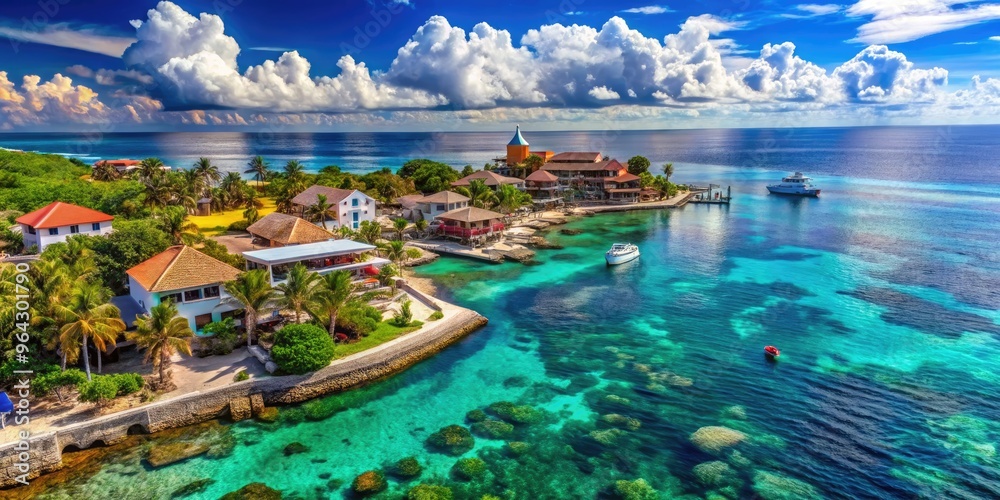 Obraz premium Vibrant illustration of Cozumel Island's beach resorts, coves, and marine life, set amidst turquoise waters and coral reefs, perfect for travel and vacation promotions.