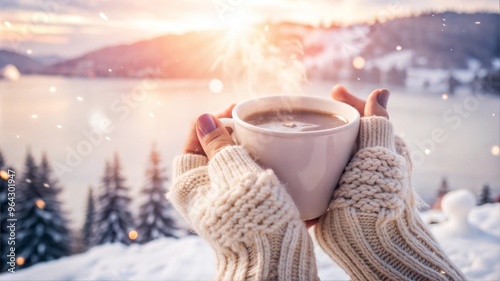 Cozy hands holding steaming cup of hot chocolate with warm feeling in winter landscape