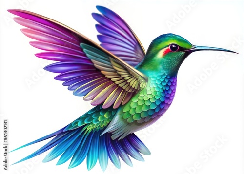 Vibrant, intricately detailed hummingbird vector illustration in shades of green, blue, and purple, with delicate feathers, iridescent wings, and a slender, curved beak.