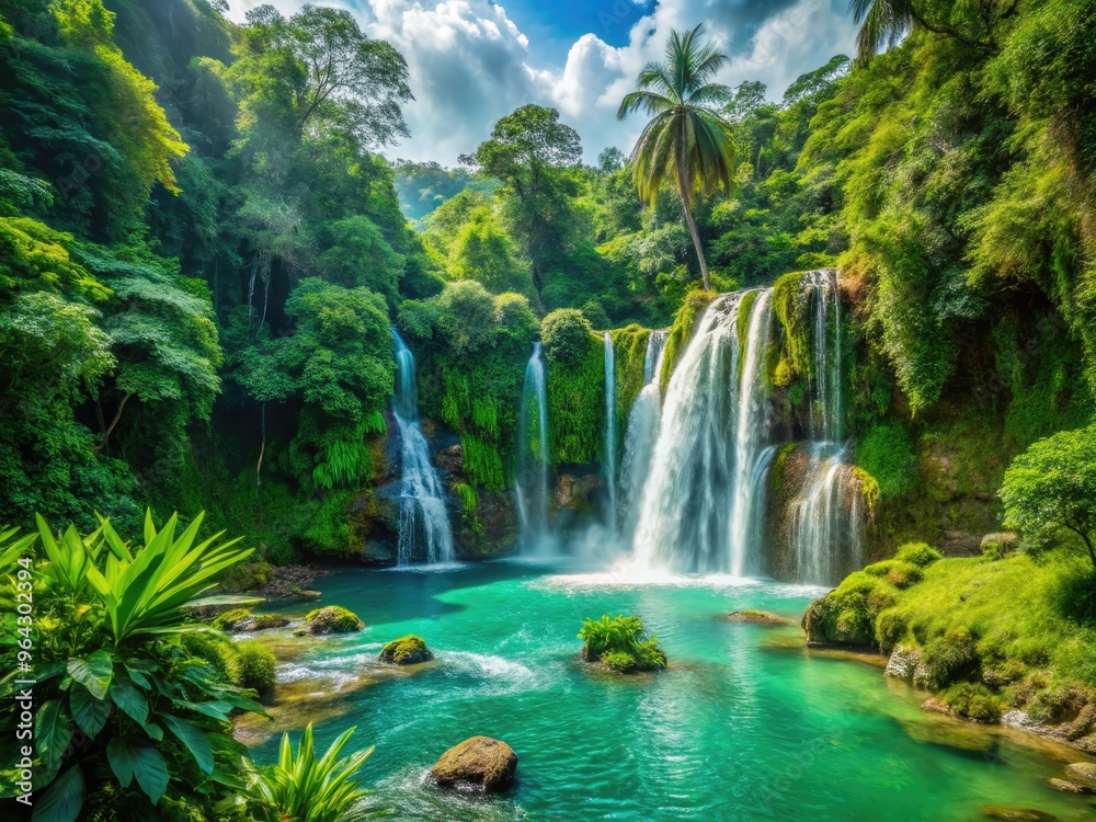 Obraz premium Vibrant lush green tropical rainforest with exotic plants, vines, and trees surrounding a serene crystal-clear turquoise waterfall in the heart of Brazil's wilderness.