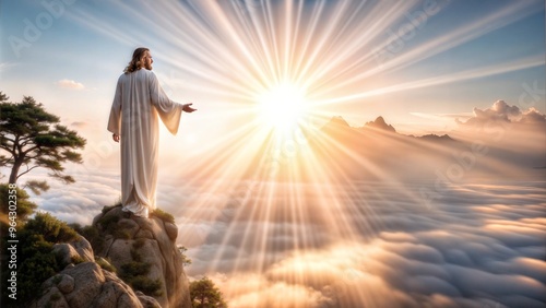 Jesus figure with divine expression standing on mountain peak against radiant sunrise background