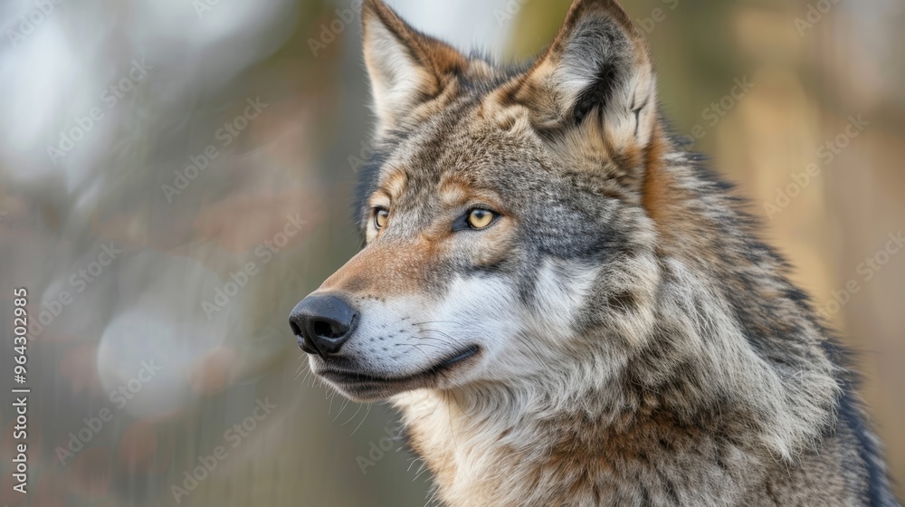 Fototapeta premium Closeup portrait of a gray wolf in natural habitat with blurred background