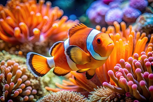 Vibrant Orange And White Clownfish Swims Amidst Colorful Coral And Sea Plants In An Underwater Scene.