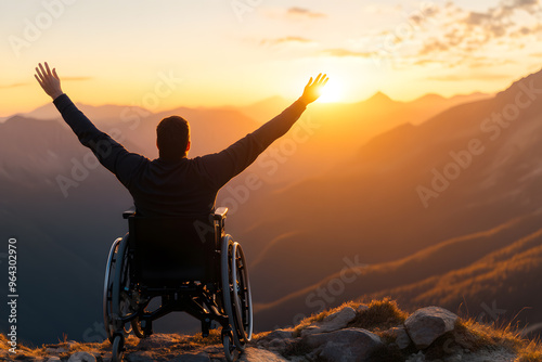 Individual in a Wheelchair with Arms Uplifted | Empowerment and Celebration of Freedom and Mobility