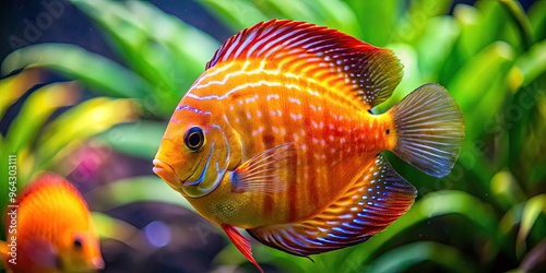 Vibrant Orange Discus Fish With Distinctive Vertical Stripes Swims Gracefully In An Aquarium photo