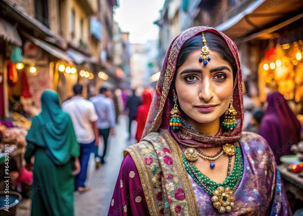 Vibrant Pakistani woman wears traditional embroidered hijab and ornate jewelry, posing confidently on a colorful street amidst bustling Lahore market stalls and ancient architecture. Vibrant Pakistani woman wears traditional embroidered hijab and ornate jewelry, posing confidently on a colorful street amidst bustling Lahore market stalls and ancient architecture.