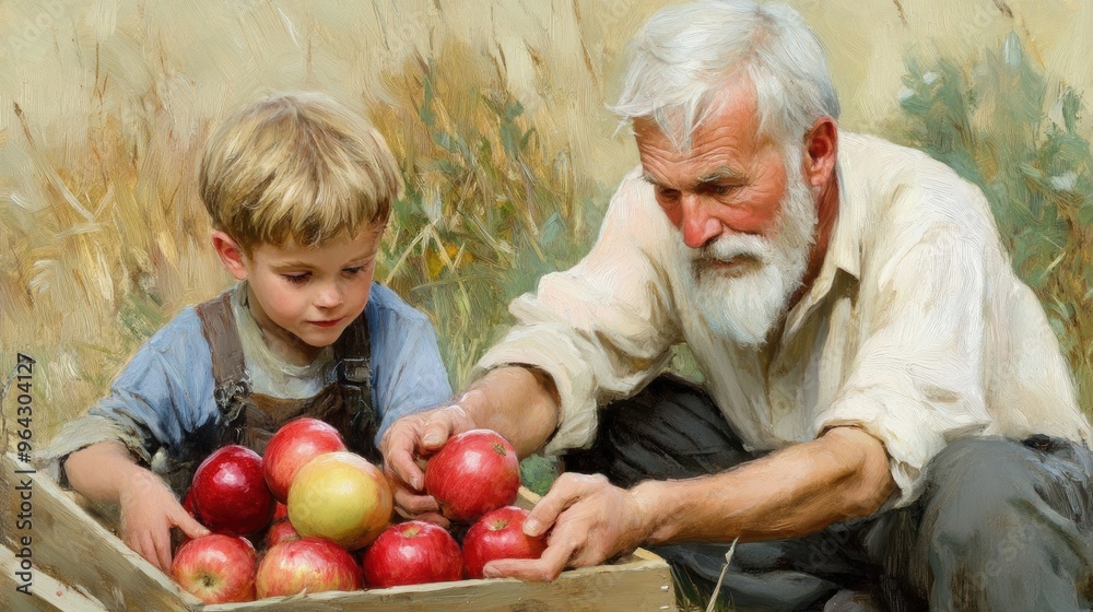 A man and boy are picking apples from a box, AI A man and boy are picking apples from a box, AI