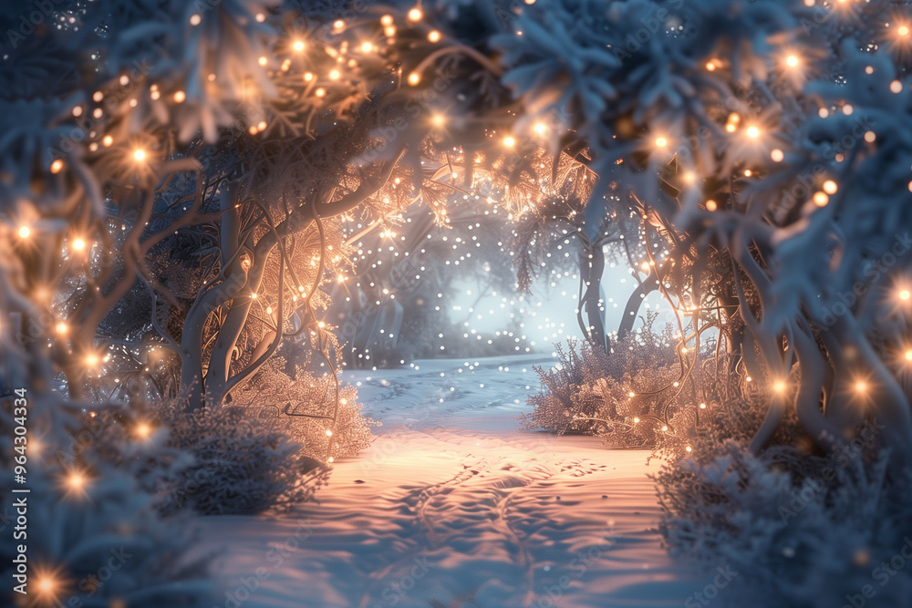 A Magical Winter Scene Depicting a Snow-Covered Pathway Illuminated by Glowing Lights Amidst Snow-Covered Trees, Creating a Dreamlike Atmosphere in a Mystical Forest A Magical Winter Scene Depicting a Snow-Covered Pathway Illuminated by Glowing Lights Amidst Snow-Covered Trees, Creating a Dreamlike Atmosphere in a Mystical Forest