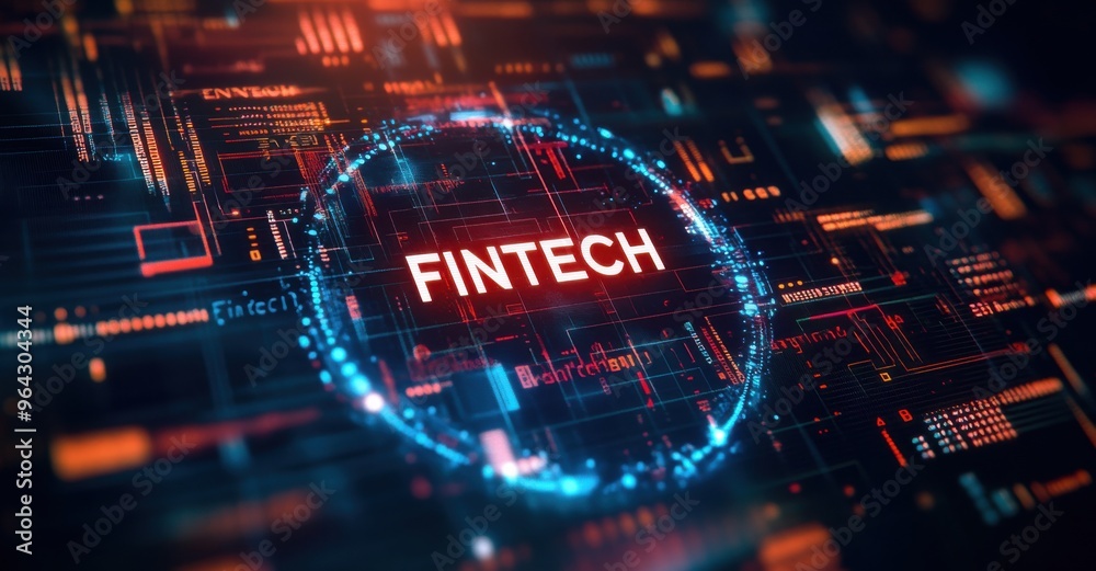 Fototapeta premium 3D futuristic hologram displaying the word 'Fintech' surrounded by digital circuits and icons