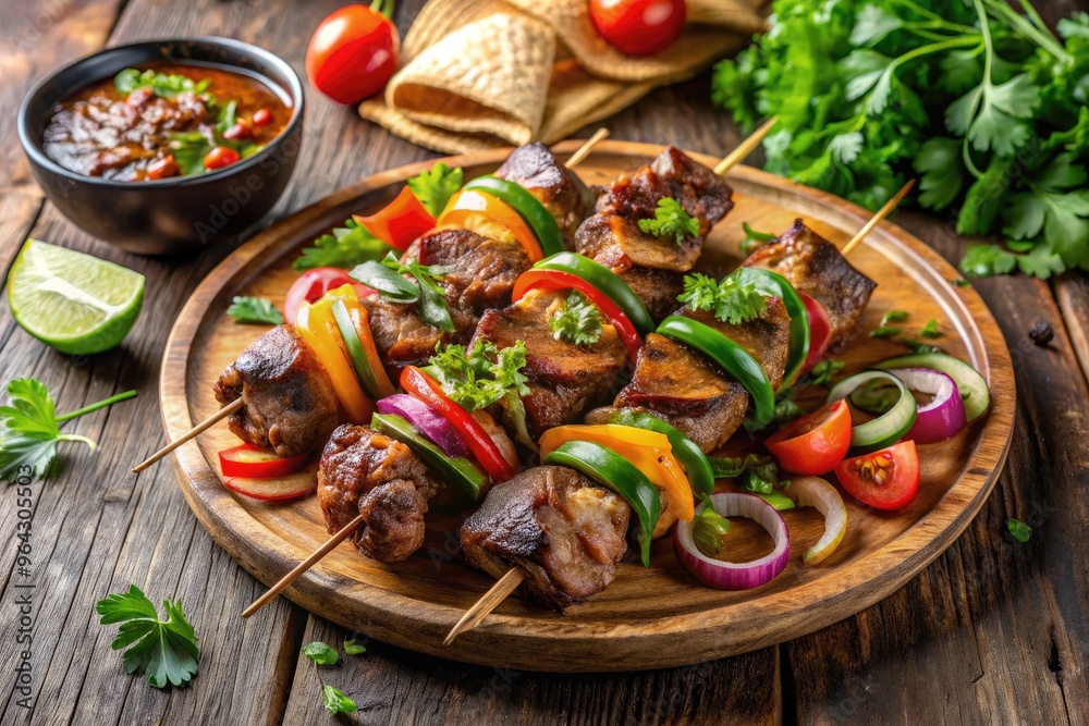 Vibrant street food scene featuring sizzling alambre skewers loaded with marinated meat, onions, and bell peppers, served with fresh cilantro and warm tortillas. Vibrant street food scene featuring sizzling alambre skewers loaded with marinated meat, onions, and bell peppers, served with fresh cilantro and warm tortillas.