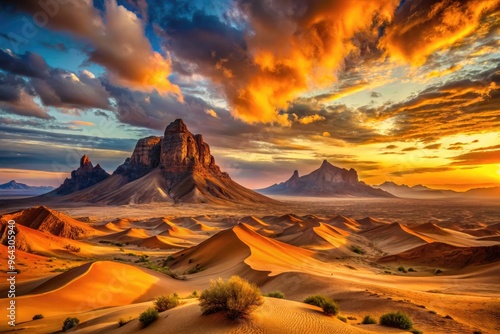 Vibrant sunset casts warm orange hues over the rugged Ahaggar Mountains, surrounded by vast expanses of endless Sahara Desert dunes in Algeria's majestic landscape.
